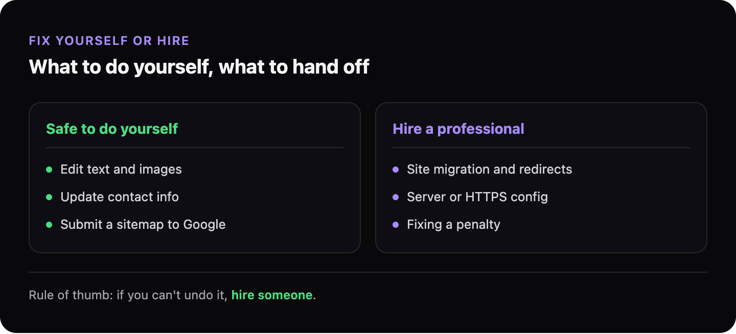 What you can safely fix on a website yourself versus what to hire a professional for: text and contact edits versus migrations, server config and undoing penalties.