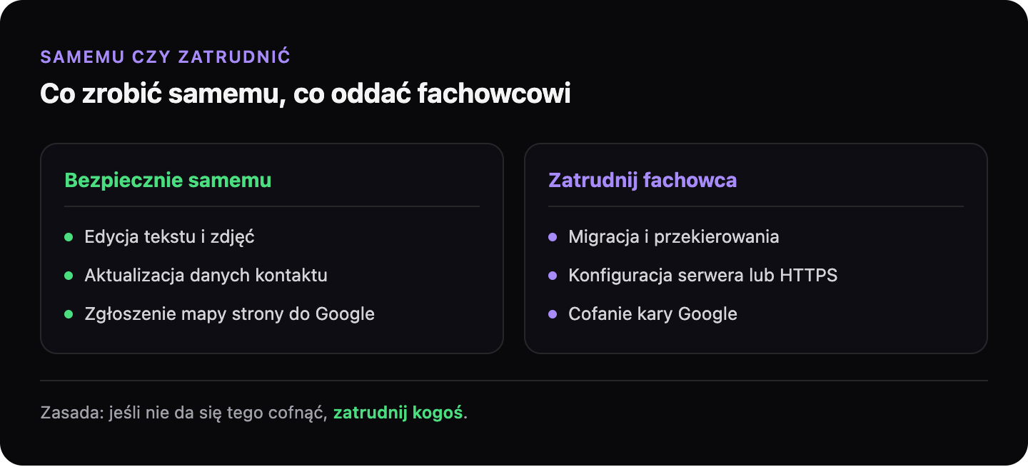 Co można bezpiecznie naprawić na stronie samodzielnie, a za co zatrudnić fachowca: edycja tekstu i kontaktu kontra migracje, konfiguracja serwera i cofanie kar.